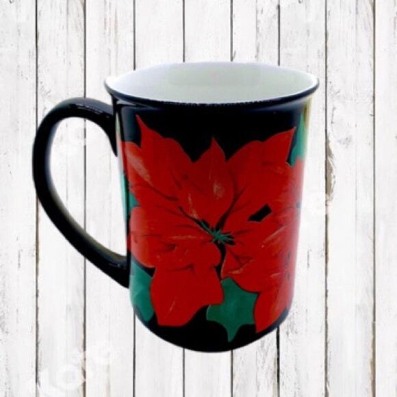 Poinsettia Coffee Mug Black w Red Christmas Flower Vintage Cup - Picture 2 of 8